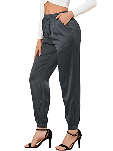 Allegra K Damen Satin Elastische Taille mit Kordelzug Knöchellange Athleisure Jogger Hose mit Tasche Dunkelgrau XL von Allegra K