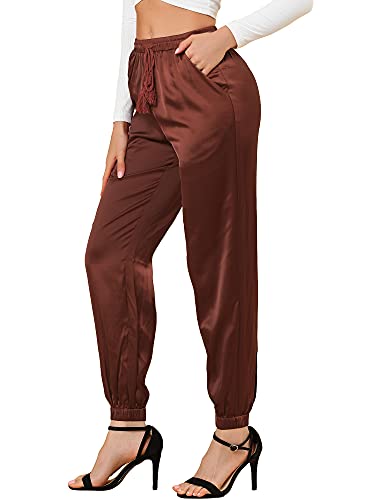 Allegra K Damen Satin Elastische Taille mit Kordelzug Knöchellange Athleisure Jogger Hose mit Tasche Braun M von Allegra K