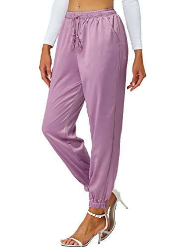 Allegra K Damen Satin Elastische Taille mit Kordelzug Knöchellange Athleisure Jogger Hose mit Tasche Grau Lila L von Allegra K