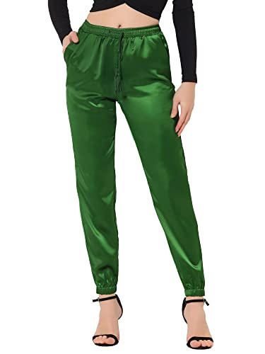 Allegra K Damen Satin Elastische Taille mit Kordelzug Knöchellange Athleisure Jogger Hose mit Tasche Grün M von Allegra K