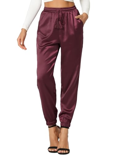 Allegra K Damen Satin Elastische Taille mit Kordelzug Knöchellange Athleisure Jogger Hose mit Tasche Weinrot XL von Allegra K