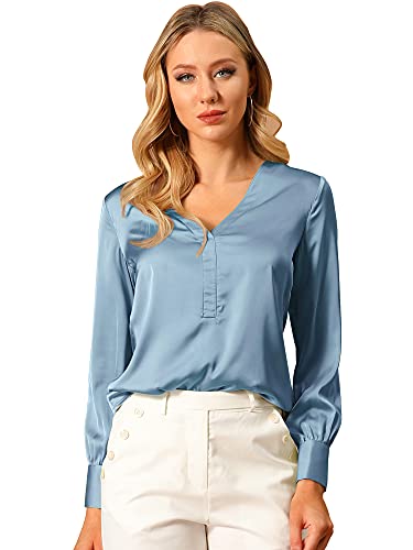 Allegra K Damen Satin Glänzend V-Ausschnitt Oberteil Einfarbig Büro Elegant Langarm Shirt Bluse Grau Blau XL Allegra K Damen Satin Glänzend V-Ausschnitt Oberteil Einfarbig Büro Elegant Langarm Shirt Bluse Grau Blau XL von Allegra K