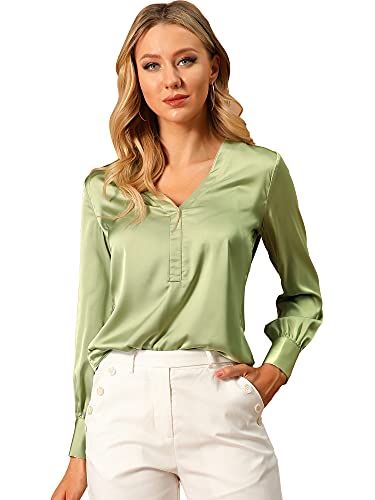 Allegra K Damen Satin Glänzend V-Ausschnitt Oberteil Einfarbig Büro Elegant Langarm Shirt Bluse Grün XS von Allegra K