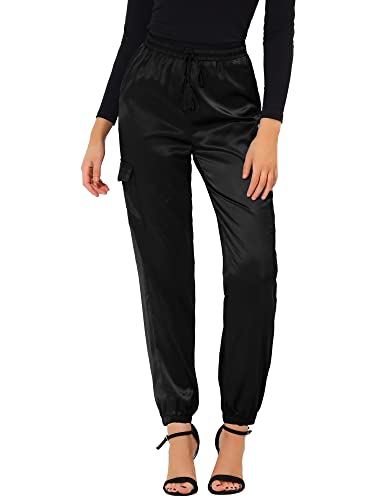 Allegra K Damen Satin Jogger Kordelzug Elastische Hohe Taille Seidige Satin Cargohose, Schwarz, X-Klein von Allegra K