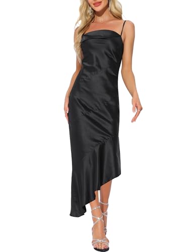 Allegra K Damen Satin-Midikleid mit Spaghettiträgern Elegante Ärmellose Cocktail Kleider mit Quadratischem Ausschnitt Schwarz S von Allegra K