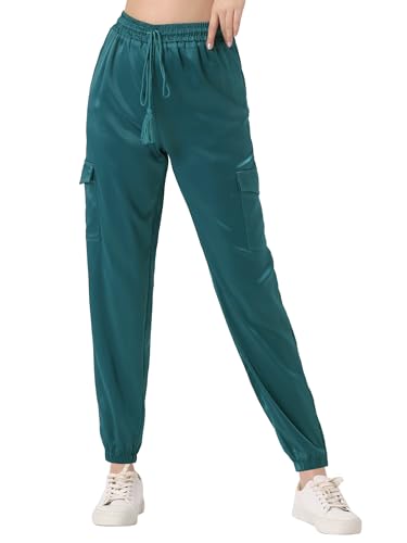 Allegra K Damen Satin Pants Eastisch Seidig Satinhose Kordelzug Cargohose Hose Blau Grün M von Allegra K