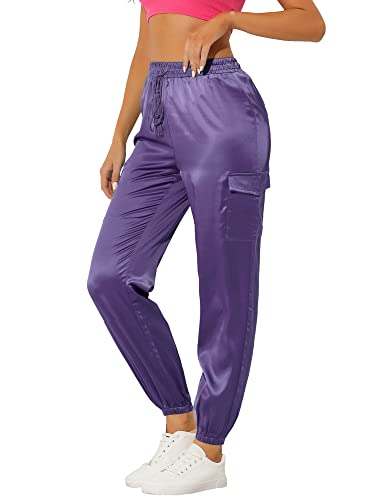 Allegra K Damen Satin Pants Eastisch Seidig Satinhose Kordelzug Cargohose Hose Dunkel Lila S von Allegra K