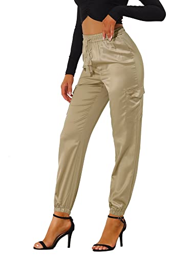 Allegra K Damen Satin Pants Eastisch Seidig Satinhose Kordelzug Cargohose Hose Khaki XL von Allegra K