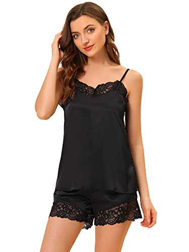 Allegra K Damen Satin Sexy Dessous Spitzenbesatz Cami Tops Shorts Nachtwäsche Pyjama Sets Schwarz S von Allegra K