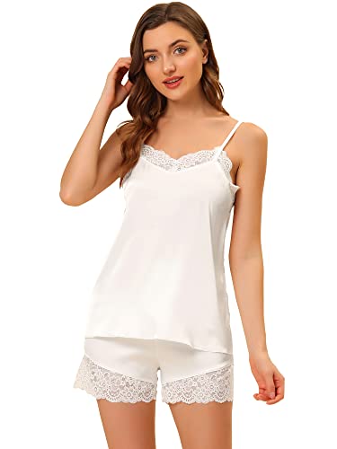 Allegra K Damen Satin Sexy Dessous Spitzenbesatz Cami Tops Shorts Nachtwäsche Pyjama Sets Weiß XS von Allegra K