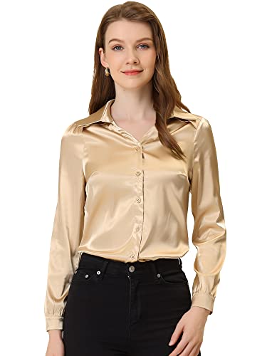 Allegra K Damen Satin Shirts, Solid Satin Shirt Tops, V Ausschnitt Langarm Top, Arbeit Büro Hemd Bluse für Frauen, golden brown, 34 von Allegra K