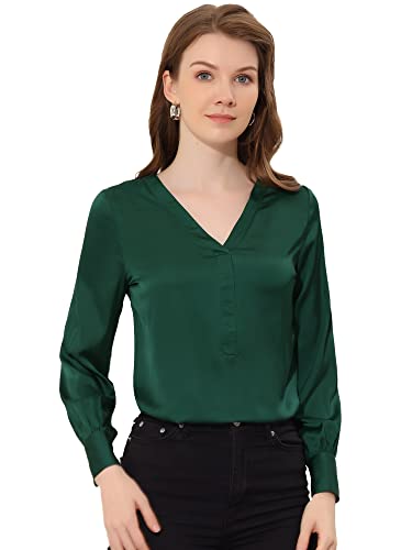 Allegra K Damen Satin Glänzend V-Ausschnitt Oberteil Einfarbig Büro Elegant Langarm Shirt Bluse Dunkelgrün S von Allegra K