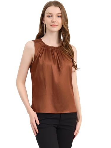 Allegra K Damen Satin ärmellose Arbeit Büro Plissee Tanktop Bluse Braun M von Allegra K