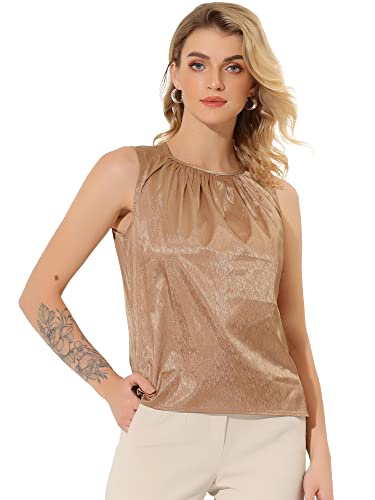 Allegra K Damen Satin ärmellose Arbeit Büro Plissee Tanktop Bluse Gold M von Allegra K