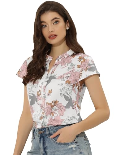 Allegra K Damen Satinbluse Kurzarm Stehkragen Floral Elegant Arbeit Blumen Top Bluse Oberteil Weiß M von Allegra K