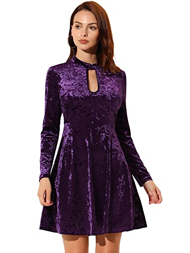 Allegra K Damen Schlüsselloch Ausschnitt Kleider Hohe Taille Langarm Samt Swing Minikleid, violett, 42 von Allegra K