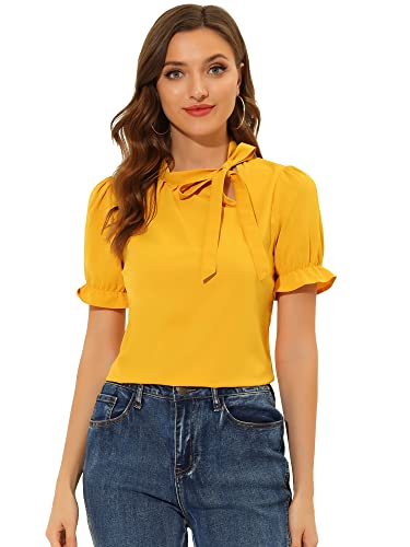 Allegra K Damen 50er Jahre Bluse mit Schleife Schluppenbluse Festliche Blusen Kurzarm Panel Fliege Hals Rüschen Elegant Top Dunkel Gelb XS von Allegra K