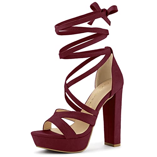 Allegra K Damen Schnürplattform Chunky High Heels Sandalen Burgund 38 von Allegra K