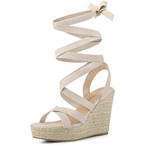 Allegra K Damen Schnürsandalen mit Keilabsatz und Plateau-Riemen-Espadrilles Beige 37 von Allegra K