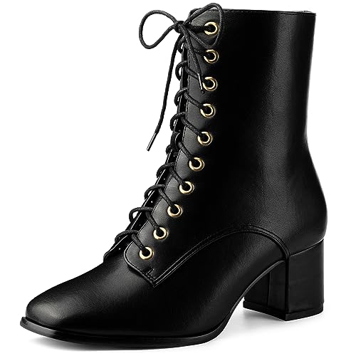 Allegra K Damen Schnürstiefel mit quadratischer Zehenpartie, klobige Absätze, Knöchelstiefel, Schwarz, 38 EU von Allegra K