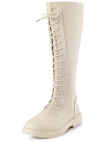 Allegra K Damen-Schnürstiefel mit runder Zehenpartie und flachem, kniehohem Absatz Beige 39 von Allegra K