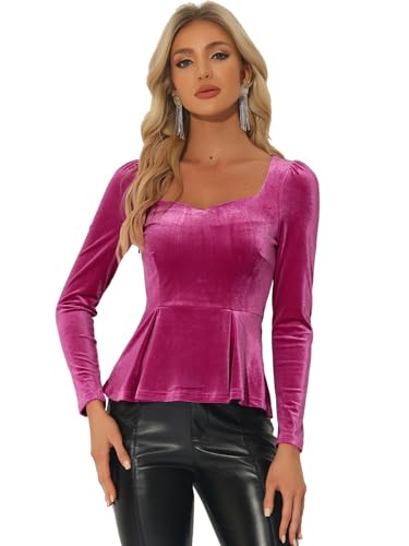 Allegra K Damen Weihnachten Schößchen Bluse Top Velvet Langarm Herzausschnitt Elegant Blusen Hot Pink L von Allegra K