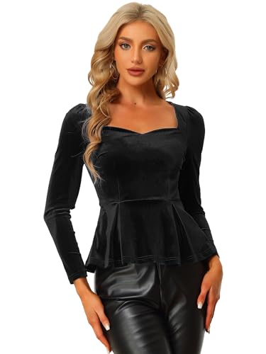 Allegra K Damen Schößchen Bluse Top Velvet Langarm Herzausschnitt Elegant Blusen Schwarz XS Allegra K Damen Schößchen Bluse Top Velvet Langarm Herzausschnitt Elegant Blusen Schwarz XS von Allegra K