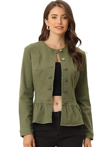 Allegra K Damen-Jeansjacke mit Schößchen, Kragenlos, Rundhalsausschnitt, Knopfleiste, Cropped-Rüschensaum, Grün (Army Green), L von Allegra K