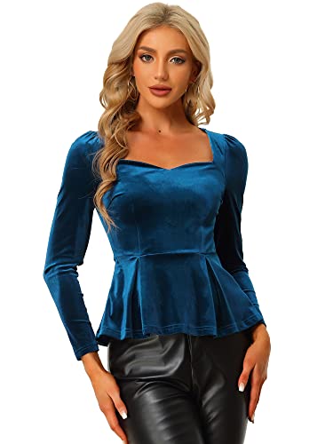 Allegra K Damen Weihnachten Schößchen Bluse Top Velvet Langarm Herzausschnitt Elegant Blusen Dunkelblau M von Allegra K