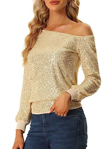 Allegra K Damen Schulterfrei Pailletten Oberteile Langarm Disco Party Glitzer Top Bluse Gold XL von Allegra K