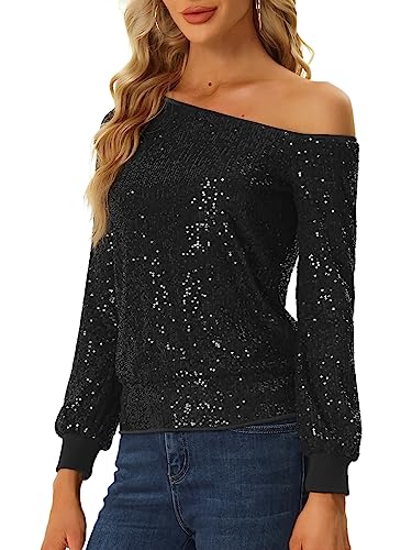 Allegra K Damen Schulterfrei Pailletten Oberteile Langarm Disco Party Glitzer Top Bluse Schwarz XS von Allegra K