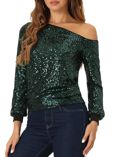 Allegra K Damen Schulterfrei Pailletten Oberteile Langarm Disco Party Glitzer Top Bluse Schwarze M von Allegra K