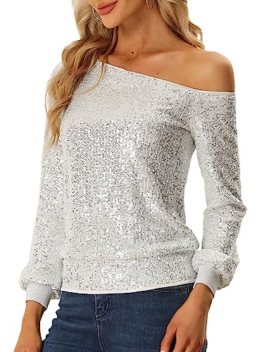 Allegra K Damen Schulterfrei Pailletten Oberteile Langarm Disco Party Glitzer Top Bluse Silber S von Allegra K