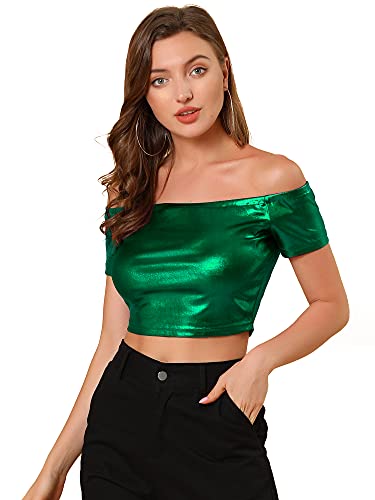 Allegra K Damen Schulterfrei Party Club Slim Fit Glänzend Metallic Crop Top, grün, 34 von Allegra K