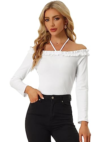 Allegra K Damen Schulterfrei Rüschen Langarm Neckholder Top Bluse Weiß XS von Allegra K