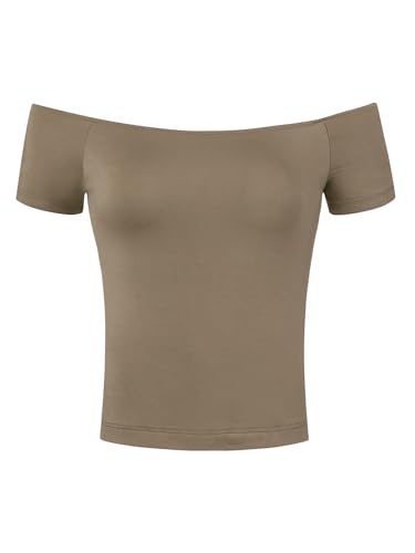 Allegra K Damen Schulterfrei Shirt Kurzarm Slim Fit Bluse Einfarbig Figurbetont Casual Shoulder Oberteil Khaki L von Allegra K