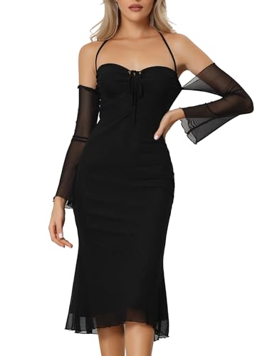 Allegra K Damen Schulterfreies Figurbetontes Kleider Netzärmel Meerjungfrauen Saum Cocktail Party Abendkleid Schwarz M von Allegra K