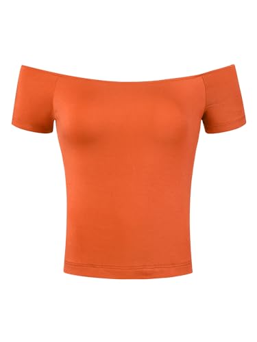 Allegra K Damen Oberteile Schulterfrei Crop Bluse Kurzarm Slim Fit Einfarbig Kurz Tops Orange S von Allegra K