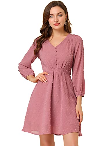 Allegra K Damen Schweizer Punkte Elastische Taille 3/4 Ärmel A-Linie Solid Flowy Chiffon Kleid, Pink-a, X-Groß von Allegra K