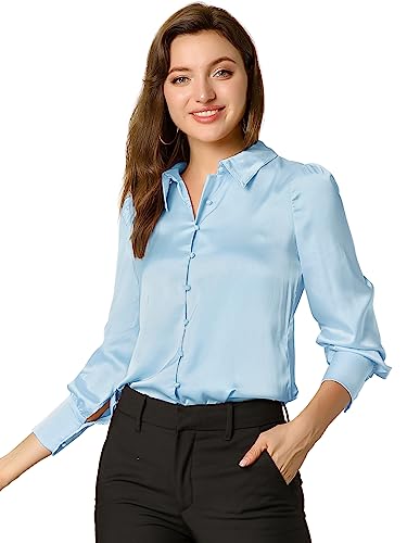 Allegra K Damen-Seidenhemd, Puffärmel, spitzer Kragen, Vintage-Stil, Knopfleiste aus Satin, Blusen, hellblau, S Allegra K Damen-Seidenhemd, Puffärmel, spitzer Kragen, Vintage-Stil, Knopfleiste aus Satin, Blusen, hellblau, S von Allegra K