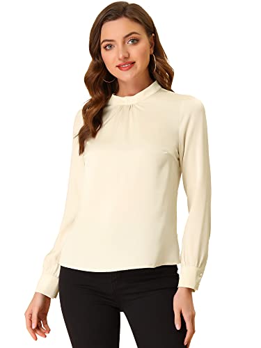 Allegra K Damen Satin Oberteil Langarm Stehkragen Geraffte Plissee Elegant Chiffon Top Bluse Beige L von Allegra K