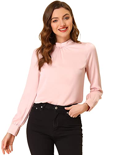 Allegra K Damen Satin Oberteil Langarm Stehkragen Geraffte Plissee Elegant Chiffon Top Bluse Rosa M von Allegra K