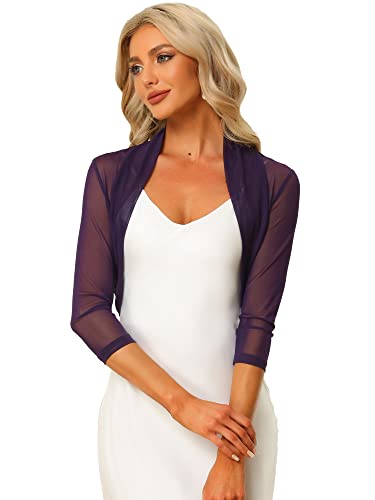 Allegra K Damen Semi Sheer Mesh Elegant 3/4 Ärmel Dehnbar Tops Bolero Shrug, Violett, Klein von Allegra K