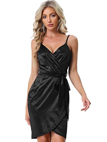 Allegra K Damen Sexy Cami Kleid Wickelkleid V-Ausschnitt Taille Satin Ärmellos Figurbetont Midikleid Schwarz L von Allegra K