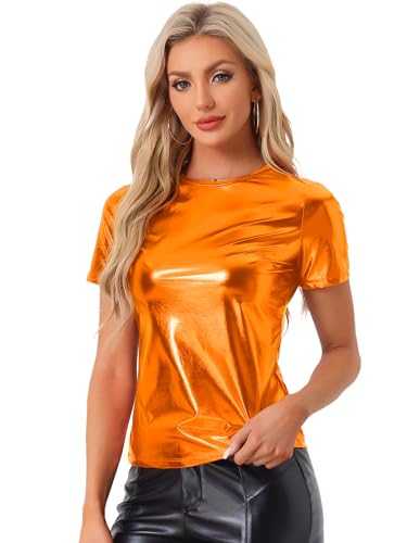 Allegra K Damen Sexy Metallic Party Top Outfit Festival Glitzer Kurzarm Rundhals T-Shirt Oberteil Bluse Orange M von Allegra K