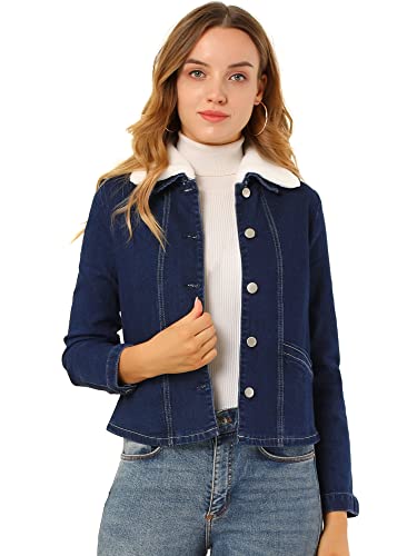 Allegra K Damen Sherpa Kragen Button Down Denim Langen Ärmeln Jeansjacke Dunkelblau M von Allegra K