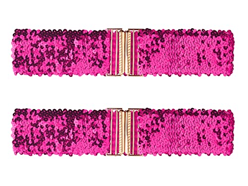 Allegra K Damen Shinny Wide Taillengürtel Interlock Schnallen Pailletten Dekor Stretchy Gürtel für Frauen 2 STÜCKE Rosenrot 60cm/23.62" von Allegra K