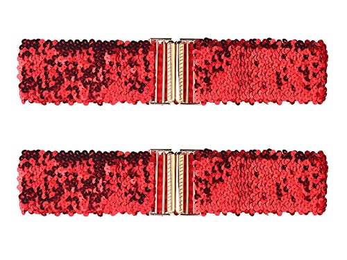 Allegra K Damen Shinny Wide Taillengürtel Interlock Schnallen Pailletten Dekor Stretchy Gürtel für Frauen 2 STÜCKE rot 60cm/23.62" von Allegra K
