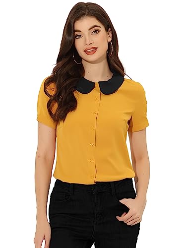 Allegra K Damen Shirt Kurzarm Bubikragen Kontrast Knopfleiste Vintage Top Bluse Gelb L von Allegra K