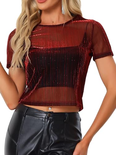 Allegra K Damen Shirt Kurzarm Rundhals Mesh Durchsichtig Party Glitzer Oberteil Top Bluse Rot L von Allegra K